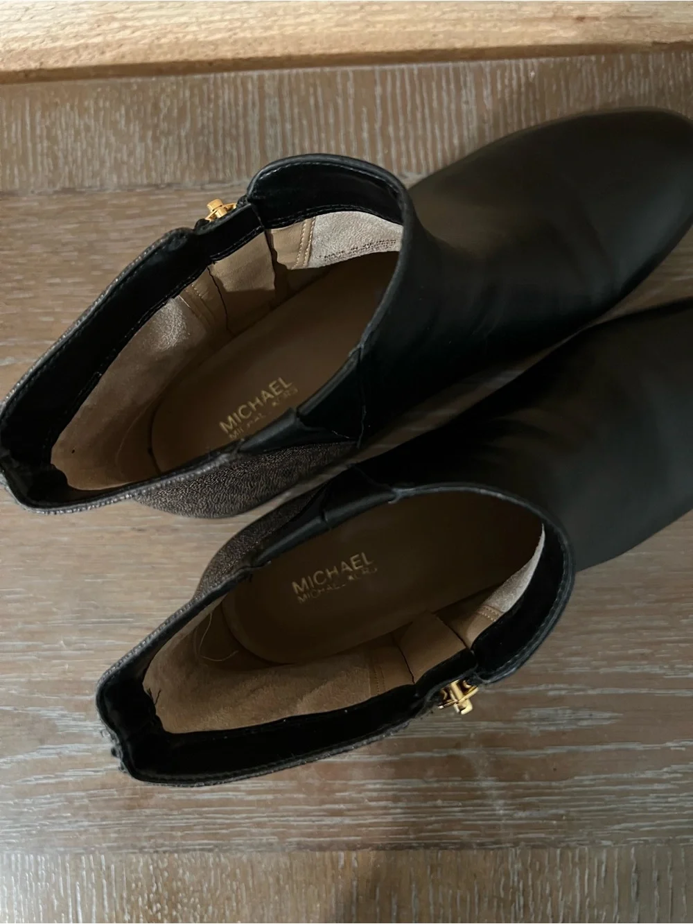 Michael Kors Lainey Black Leather & Brown Logo Zip Ankle Booties